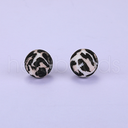 Printed Round with Leopard Print Pattern Silicone Focal Beads SI-JX0056A-01-1