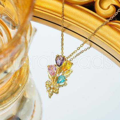 Brass Colorful Cubic Zirconia Flower Pendant Necklaces FS-WG69036-01-1