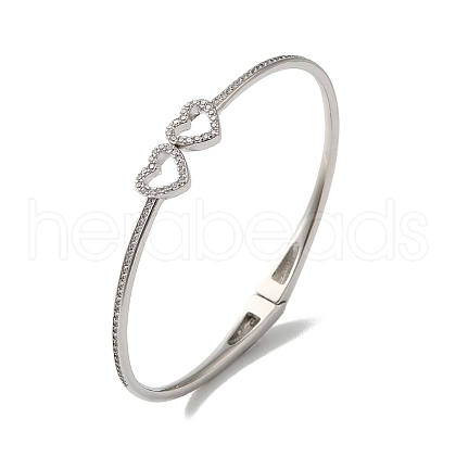 Rack Plating Brass Micro Pave Clear Cubic Zirconia Hollow Double Heart Hinged Bangles BJEW-H616-02P-1