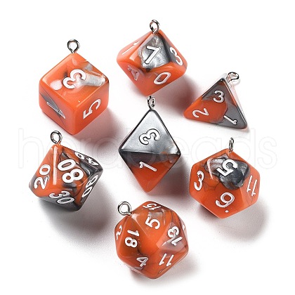 7 Styles Opaque Resin Polyhedral Dice Pendants Set RESI-A029-01T-1