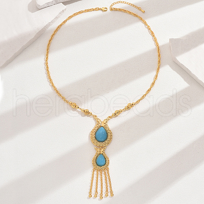 Fashionable Vintage Brass & Resin Imitation Gemstone Tassel Teardrop Pendant Necklaces for Women FQ7725-3-1